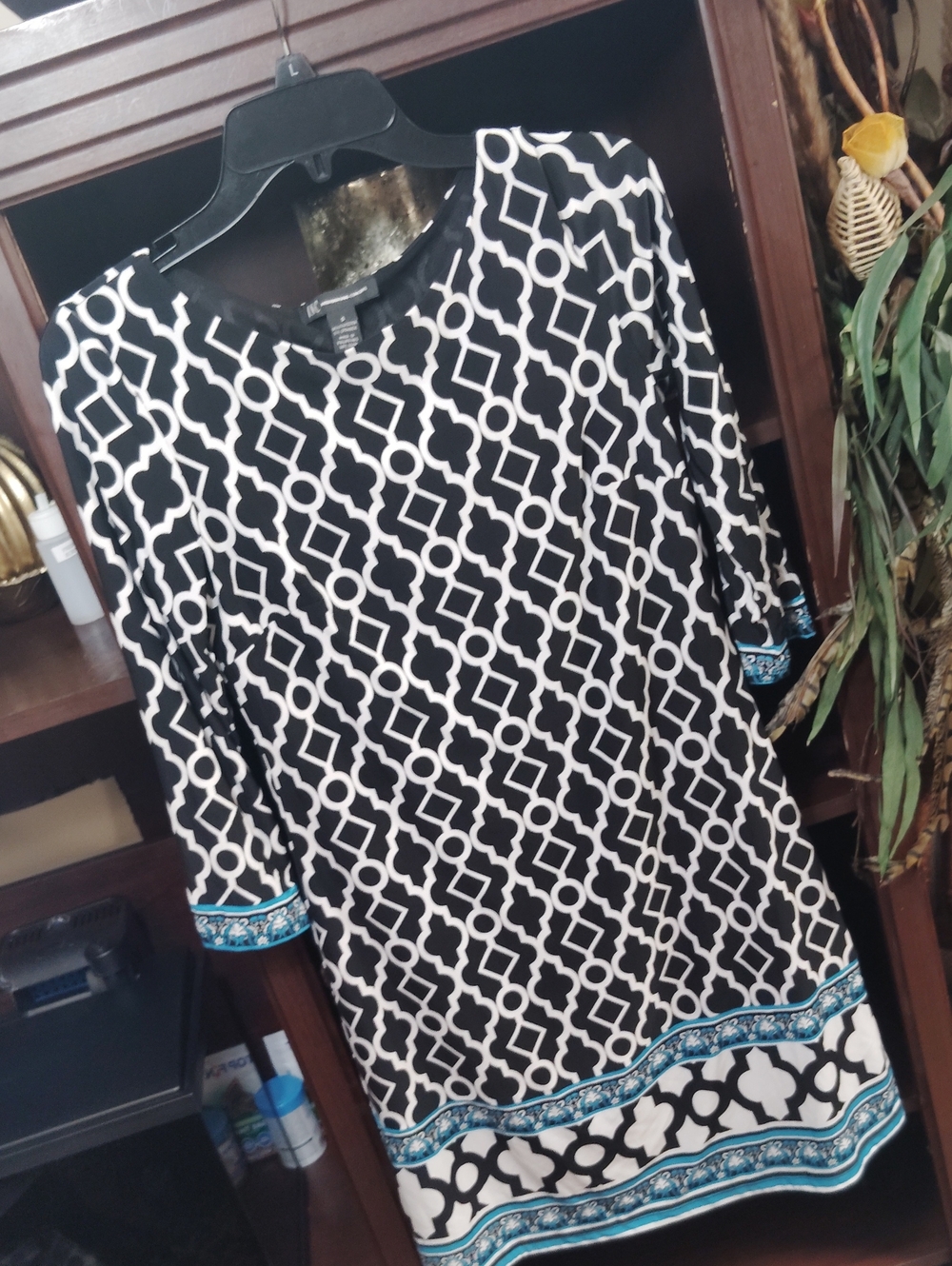 INC International Concepts Black & White Geometric Tunic with Blue Border